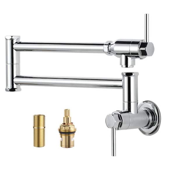 Wall Mounted Double Handle Folding Stretchable Brass Pot Filler Kitchen Faucet with Double Joint Swing Arm in Chrome