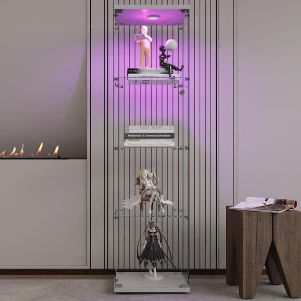 OLUMAT 4-Shelf Matte White Pantry Organizers with 1-LED Light Glass Door