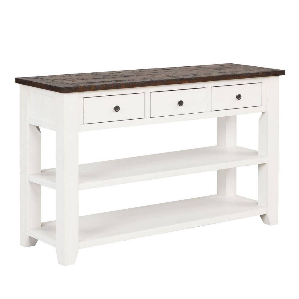 Antique White and Brown Wood Console Table with Storage