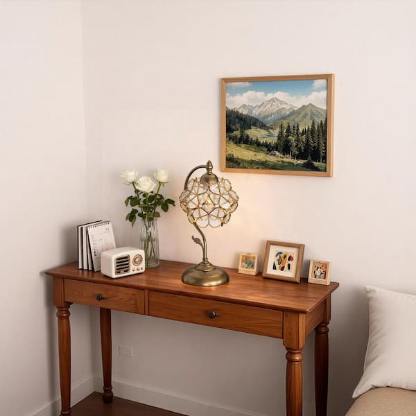 16.5 in.Gold Tiffany Style Cherry Blossom Clear Glass Table Lamp, 1-Light Decorative Stained Glass Lamp with Brass Base