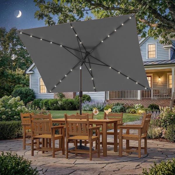 5-6 foot patio umbrella Sonkuki 10 ft. x 6.5 ft. Rectangle Solar LED Outdoor Patio Market Table Umbrella with Push Button Tilt and Crank in Gray