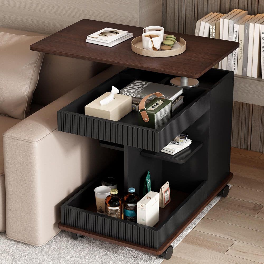 White and Brown 17.7 in. Rectangle Wood Modern End Table with Wheels, 360°Rotating Top Sofa Side Table