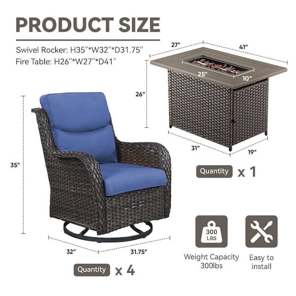 Quanxer Brown 5-Piece Wicker Patio Rectangle Fire Pit Conversation Set with Blue Cushions and Swivel Chairs