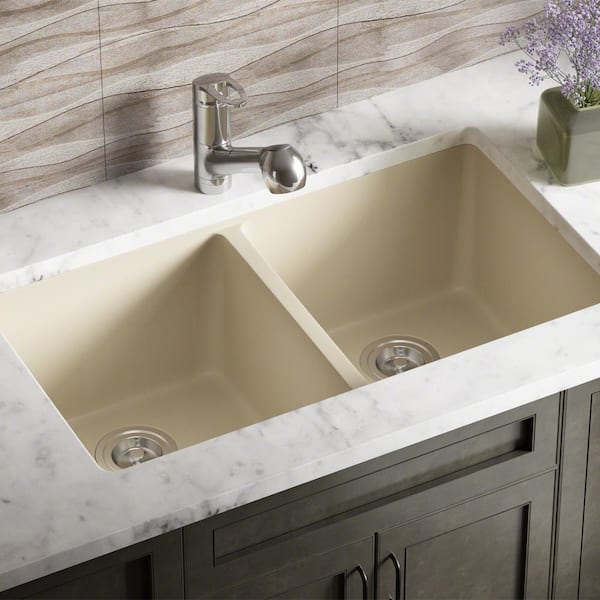 MR Direct Beige Quartz Granite 33 in. Double Bowl Undermount Kitchen Sink with Strainers