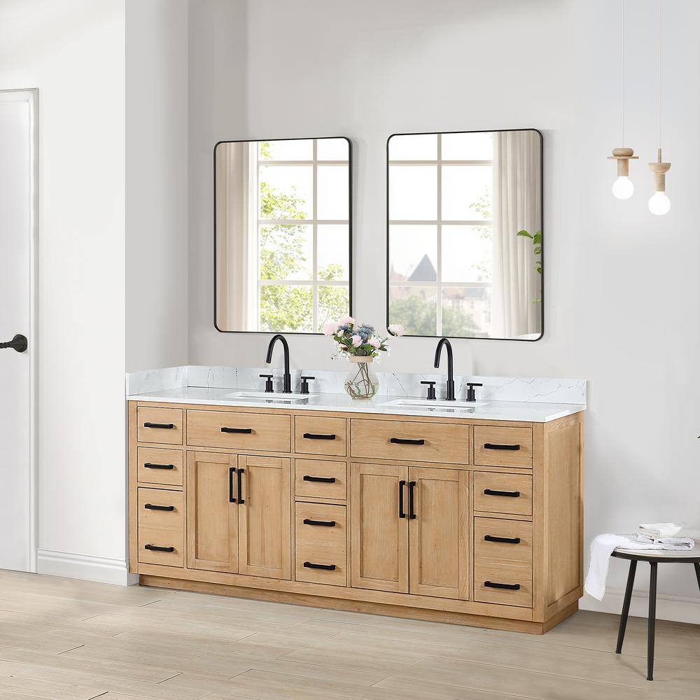 Gavino 84" Light Brown Double Vanity with White Stone Countertop and Mirror