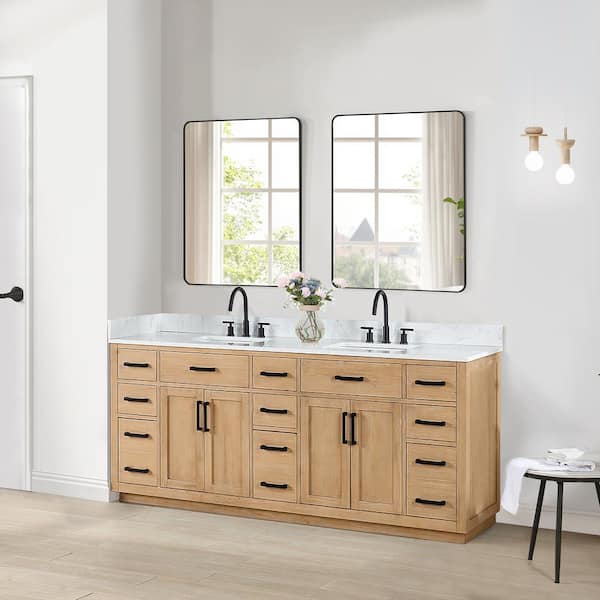 Gavino 84 in.W x 22 in.D x 34 in.H Bath Vanity in Light Brown with Grain White Composite Stone Top and Mirror