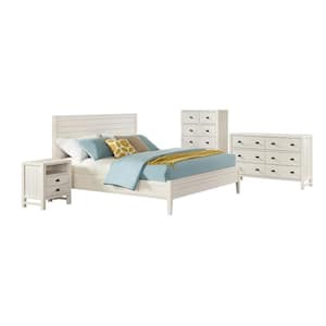 Arden 4-Piece Wood Bedroom Set with King Bed, 2-Drawer Nightstand, 5-Drawer Chest, 6-Drawer Dresser, Driftwood White