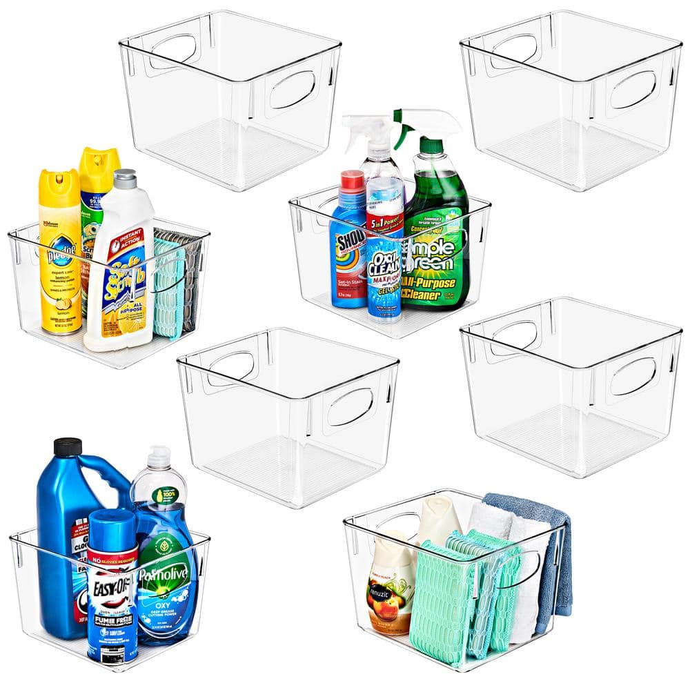 8 Pack Medium Clear Plastic Storage Bins with Handles, Under Sink Organizer