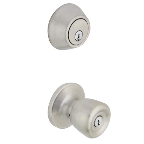 Defiant Simple Series Bell Stainless Steel Keyed Entry Door Knob with Single Cylinder Deadbolt Combo Pack