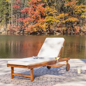 Seabrook Light Brown 69 in. x 24 in. Acacia Wood Outdoor Lounger with Cushion, 5-Position Back, Slide Table and Wheels
