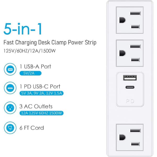 ProMounts 5 USB-A 1 USB-C Power Hub/Charging Station Flat Plug With 5 Ft.  Cord Modern Slim Charging USB Tower OPT061 - The Home Depot