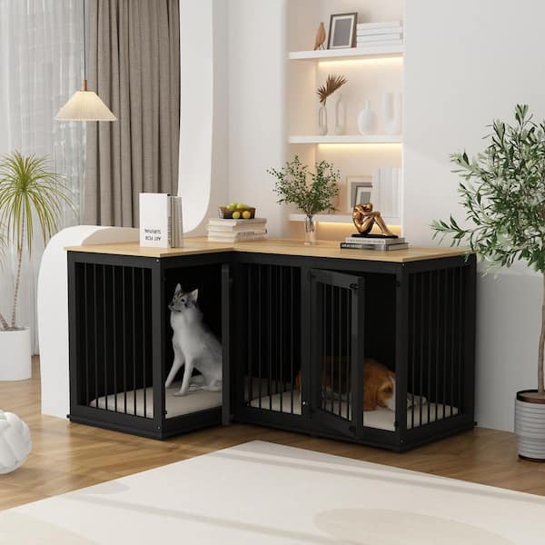 FUFU&GAGA Large Dog Crate Furniture for 2-Dogs, Wooden Double Dog Kennel Corner Dog Bed Cage with Dividers for Medium Dog, Black