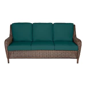 Cambridge Brown Wicker Outdoor Patio Sofa with CushionGuard Malachite Green Cushions
