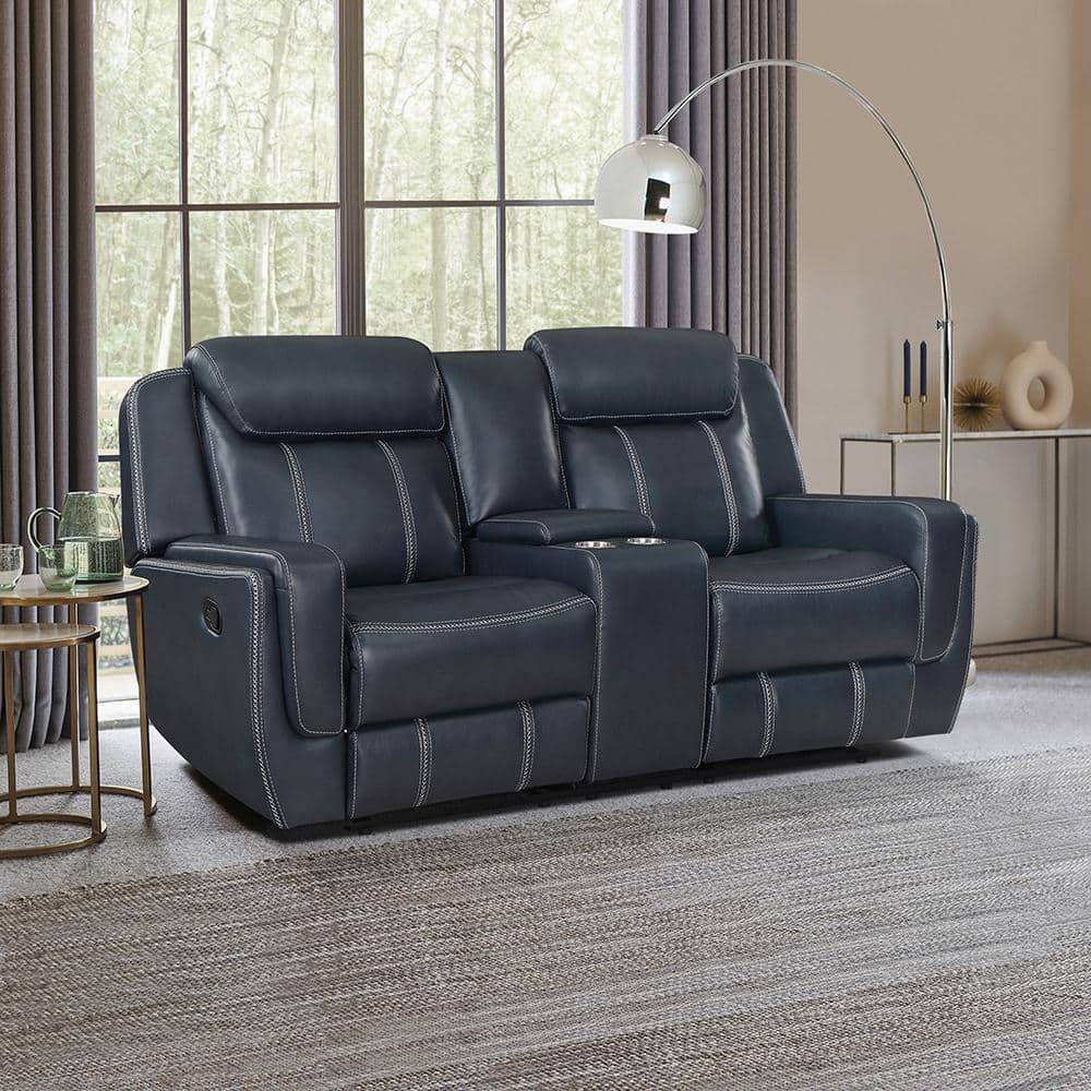 Colin 75.5 in. W Blue Faux Leather Manual Double Reclining Loveseat with Ce