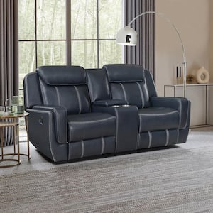 Colin 75.5 in. W Blue Faux Leather Manual Double Reclining Loveseat with Center Console, Receptacles and USB Ports