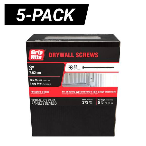 5-Pack #8 x 3 in. #2 Phillips Bugle Head Fine Thread Drywall Screws (25 lb. Box / 1865-Piece)