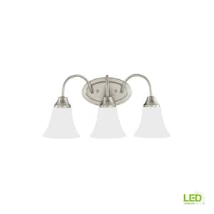 Holman 18 in. 3-Light Brushed Nickel Traditional Classic Wall Bathroom Vanity Light with Satin Glass and LED Bulbs