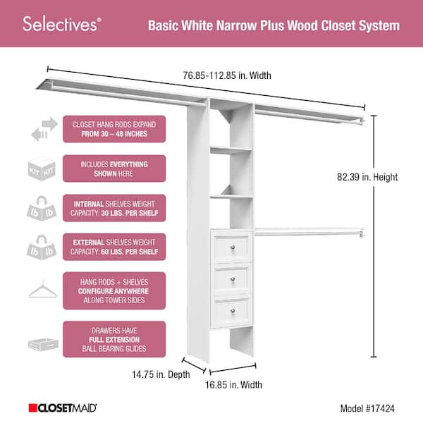 ClosetMaid Selectives 48 in. W - 112 in. W White Reach-In Tower Wall Mount  6-Shelf Wood Closet System 7032 - The Home Depot