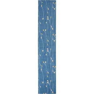 Grafix Light Blue 2 ft. x 10 ft. Floral Contemporary Kitchen Runner Area Rug