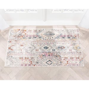 Rodeo Otero Bohemian Aztec Tribal Diamond Ivory Distressed 2 ft. 3 in. x 3 ft. 11 in. Distressed Doormat Rug