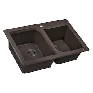 33 in. Espresso Brown Double Bowl Dual-Mount Granite Composite Kitchen Sink