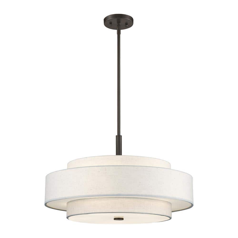 English Bronze Drum Shade Pendant Light with Oatmeal Fabric