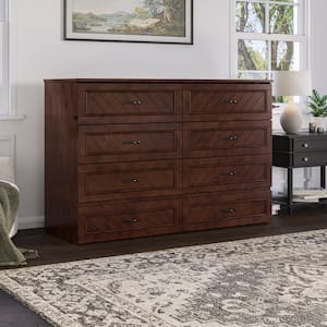 Alpine Walnut Brown Wood Frame Queen Murphy Bed Chest with Mattress, Storage Drawer, and Built-in Charging Station