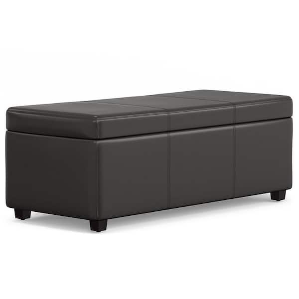 Simpli Home Avalon 44 in. Rectangle Lift Top Storage Ottoman in Tanners Brown Vegan Faux Leather, Assembled