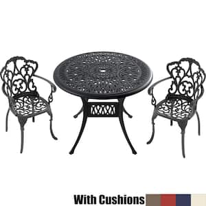 3-Piece Black Cast Aluminum Outdoor Dining Set, Patio Furniture with 35.43 in. Round Table and Random Color Cushions