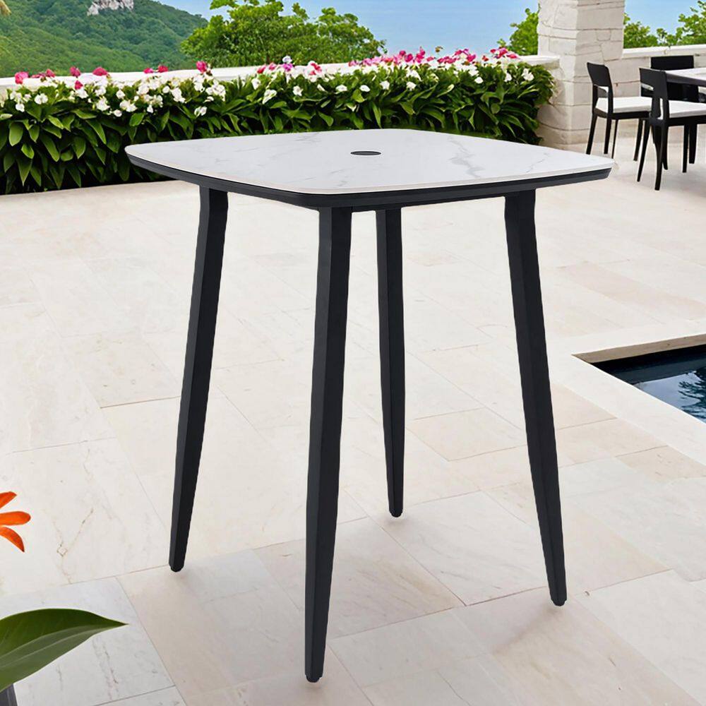 Ember Black Rounded Square Outdoor Dining Table Greek White Marble-Inspired Sintered Stone Top With Umbrella Hole price history on PriceWatchPro