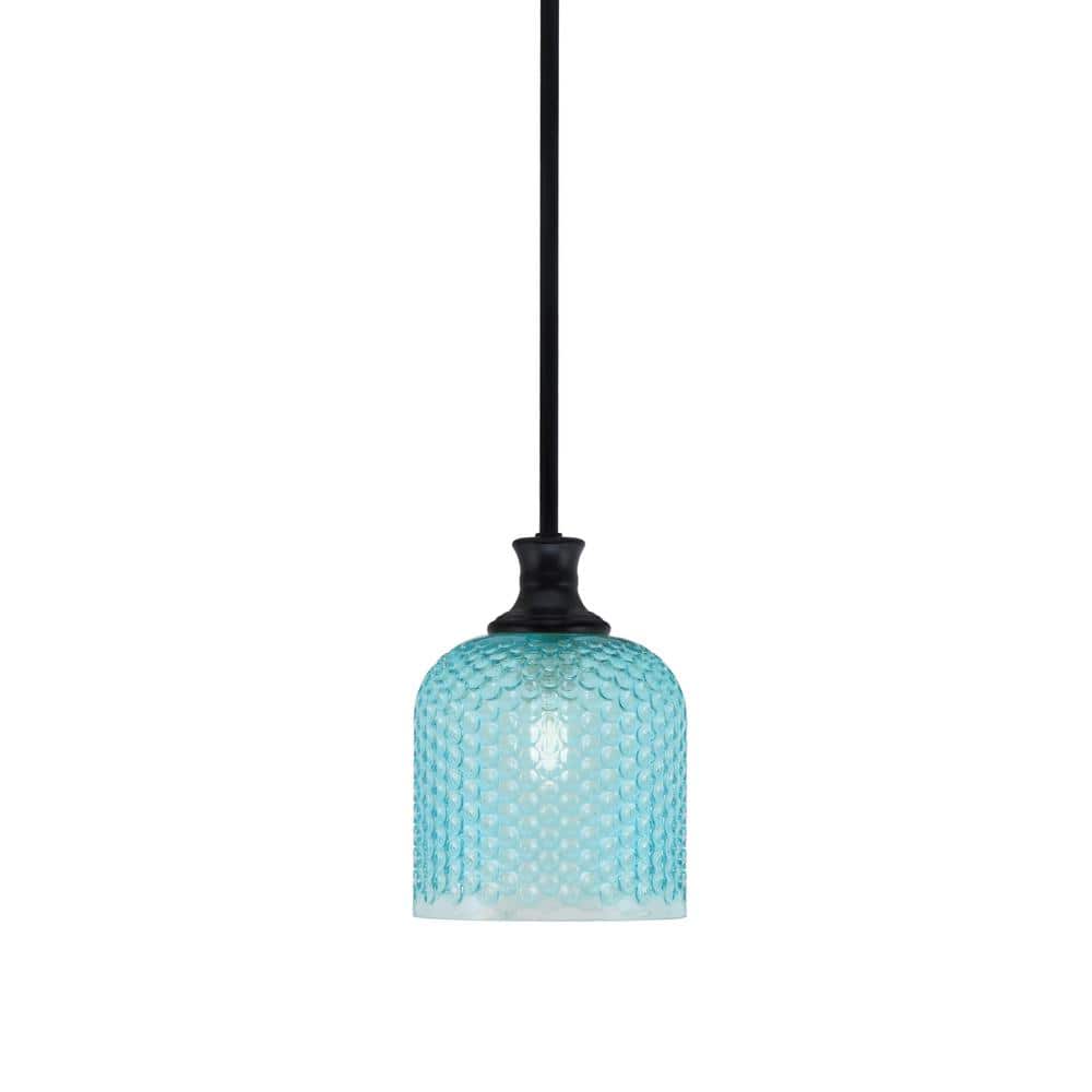 Tyler 60-Watt 1-Light Matte Black Stem Mini Pendant Light with Turquoise Te