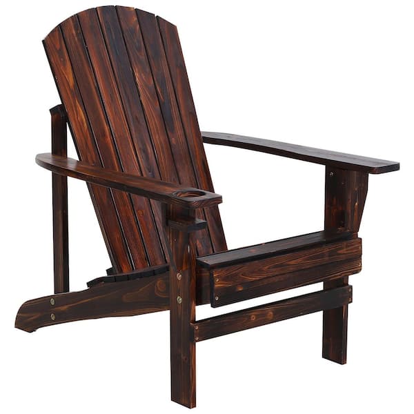 Black, Brown Wood Adirondack Chair, Outdoor Patio Lawn Chair with Cup Holder, Weather Resistant Lawn Furniture