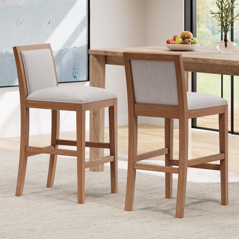 Modern Beige Fabric Counter Stools with Rubberwood Frame, Set of 2
