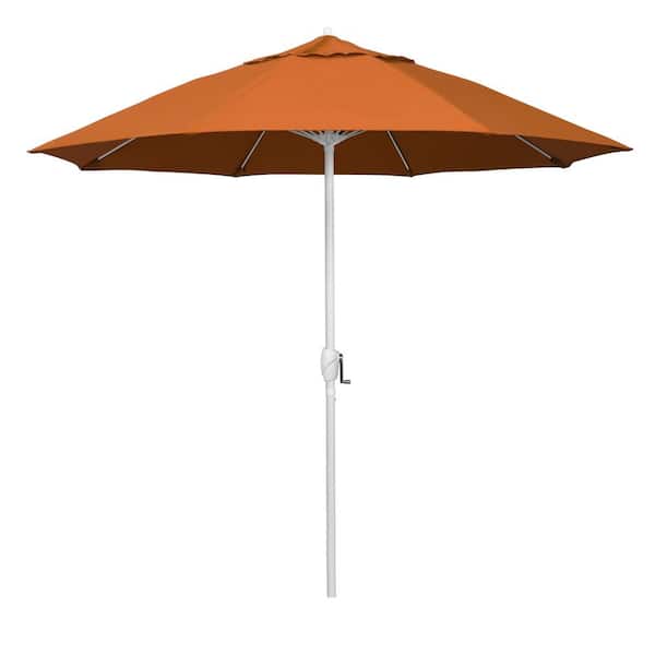 California Umbrella 9 ft. Matted White Aluminum Market Patio Umbrella Fiberglass Ribs and Auto Tilt in Tuscan Sunbrella