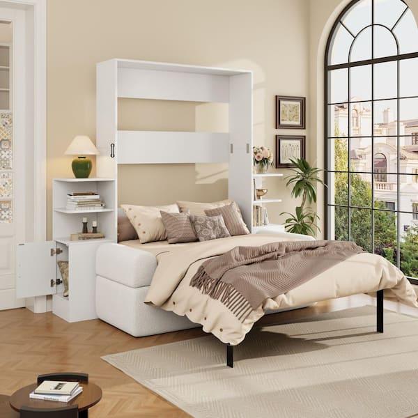 White Wood/Metal Frame Full Size Murphy Bed with Sofa and Storage Cabinets