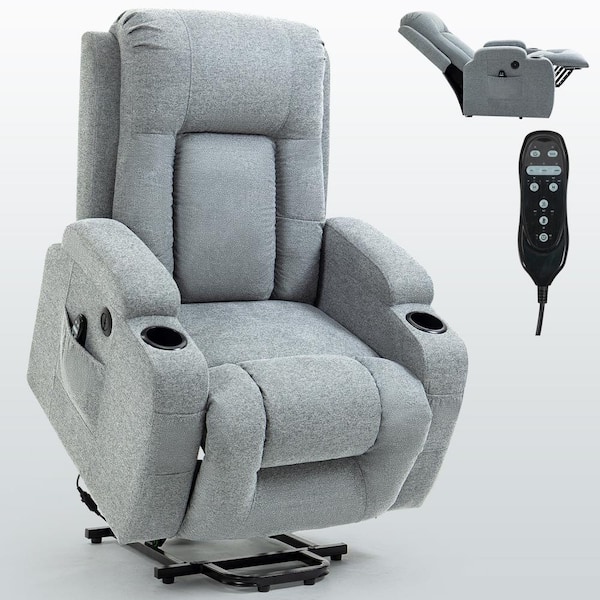 sumyeg 39.76 in. W Gray Polyester Power Lift Recliner Chair with Massage, Heating, USB Ports and Cup Holders