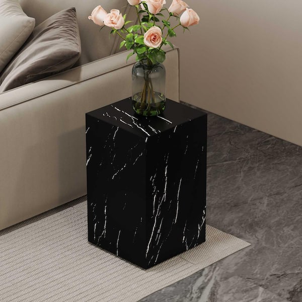 11.8 in. Black Square MDF Coffee Table with Marble Texture Finish Top