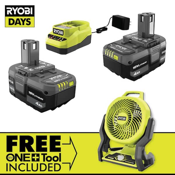 RYOBI ONE+ 18V Lithium-Ion 4.0 Ah Compact Battery (2-Pack) and Charger Kit with FREE Cordless ONE+ Fan PSK006-PCL811B - Home Depot