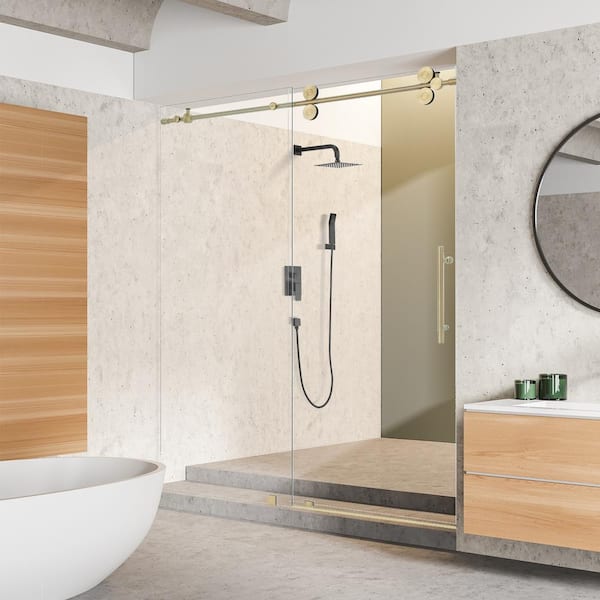Altair Lazaro 56 in. W x 78 in. H Sliding Frameless Shower Door in Brushed Gold Finish with Clear Glass