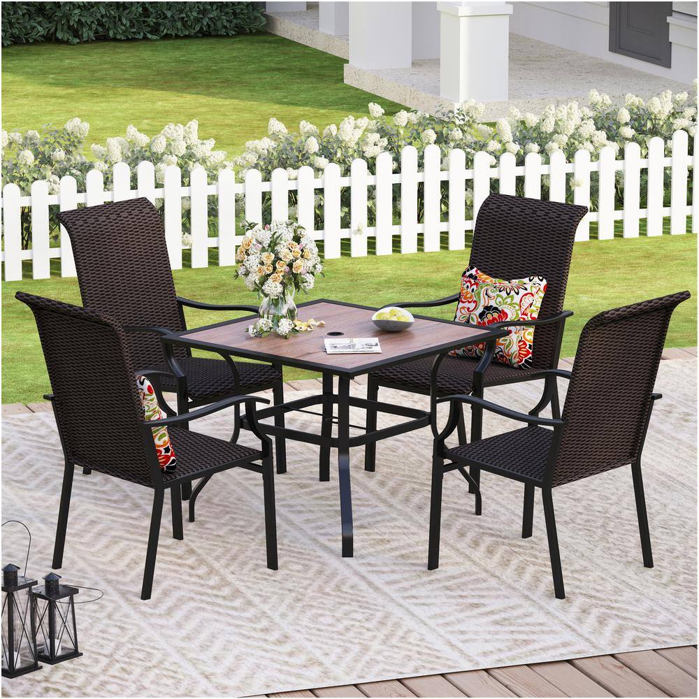 PHI VILLA Black 5-Piece Metal Patio Outdoor Dining Set with Wood-Look ...