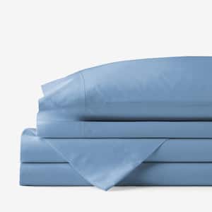 Company Cotton 4-Piece Porcelain Blue Solid 300-Thread Count Cotton Percale Full Sheet Set