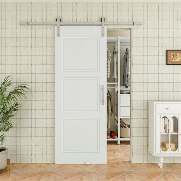 28 in. x 80 in. Waterproof Paneled 3-Lite White Primed MDF Sliding Barn Door with Hardware Kit (Nickel)