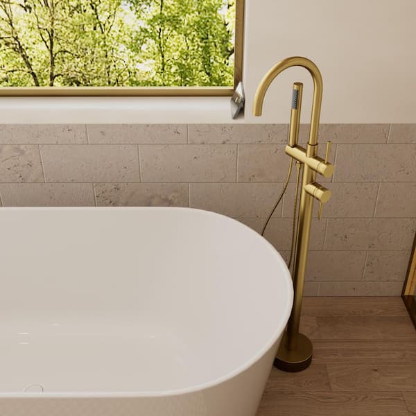 Double Handles Floor Mounted Free Standing Tub Faucets with Hand Shower in Brushed Gold (Valve Included)