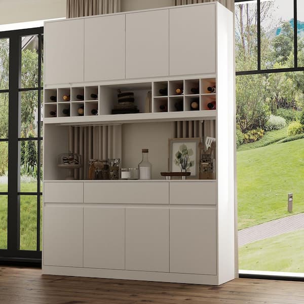 WIAWG 4-in-1 White Wood 63 in. W Kitchen Food Pantry Cabinet with Doors, Drawers, Adjustable Shelves and Wine Storage