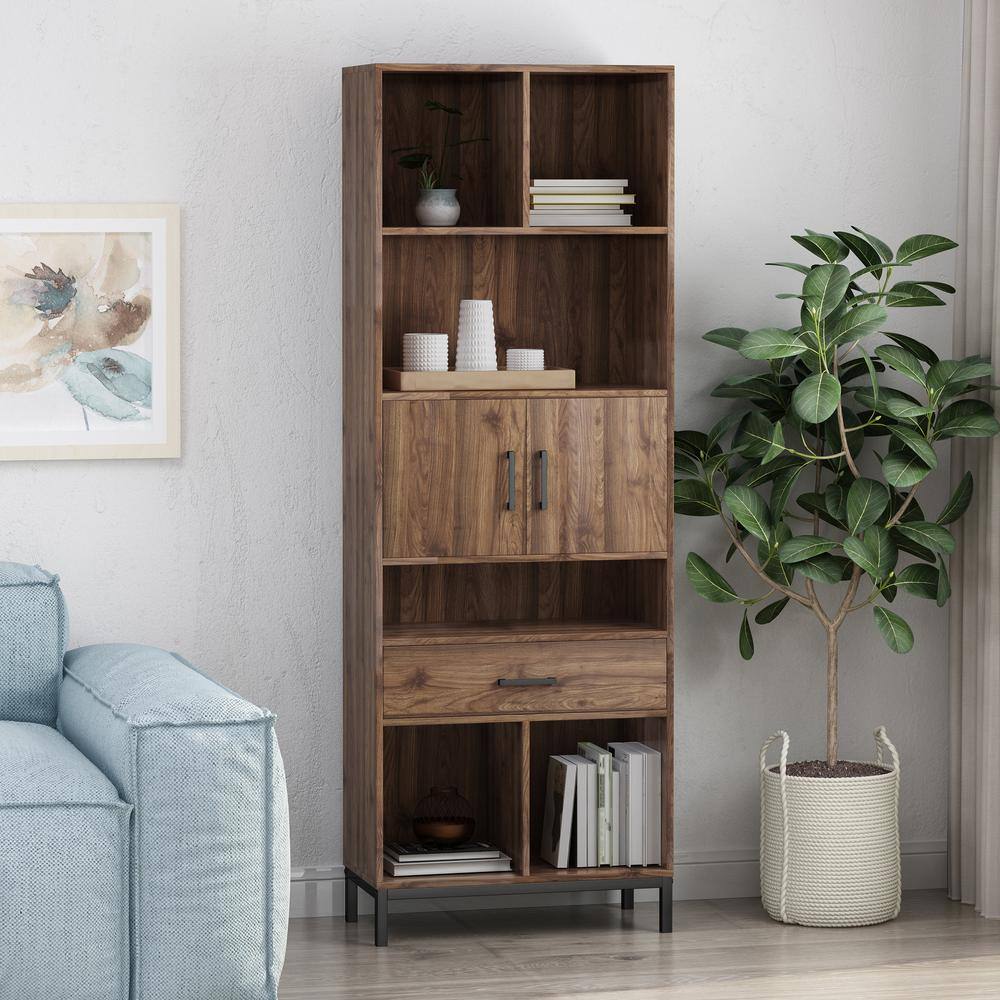 Contemporary Black Faux Wood Cube Unit Bookcase with Iron Legs