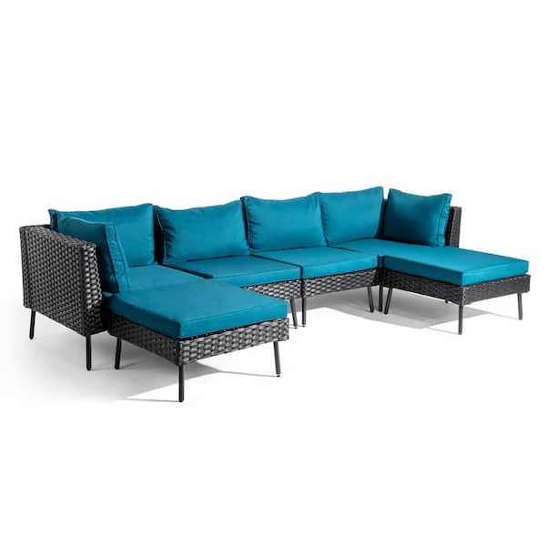 6-Piece Black Wicker Outdoor Sectional Set with Malachite Green Cushions