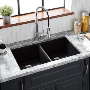 Totten 33 in. Undermount Double Bowl Black Granite Composite Kitchen Sink with Mounting Hardware