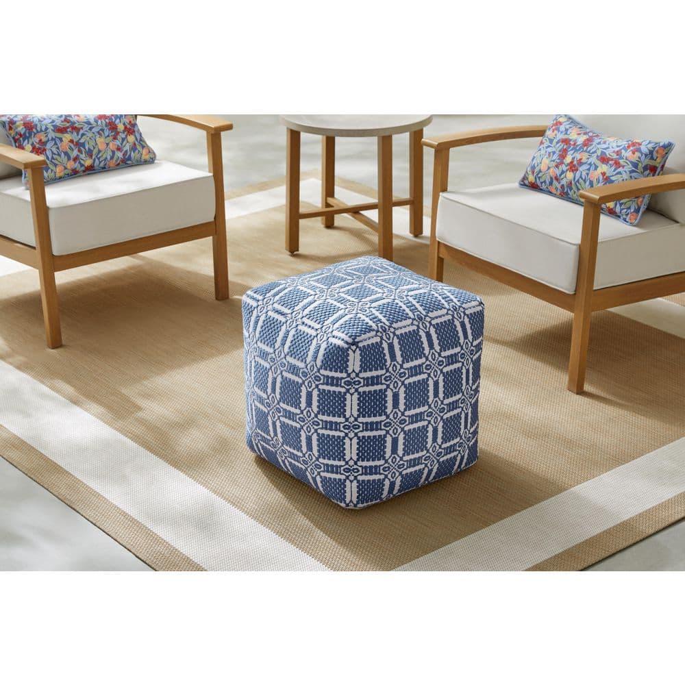 Hampton Bay Blue and White Geometric Square Outdoor Pouf ZZ-PF