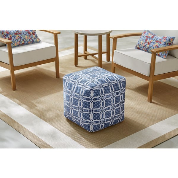 Blue and White Geometric Square Outdoor Pouf