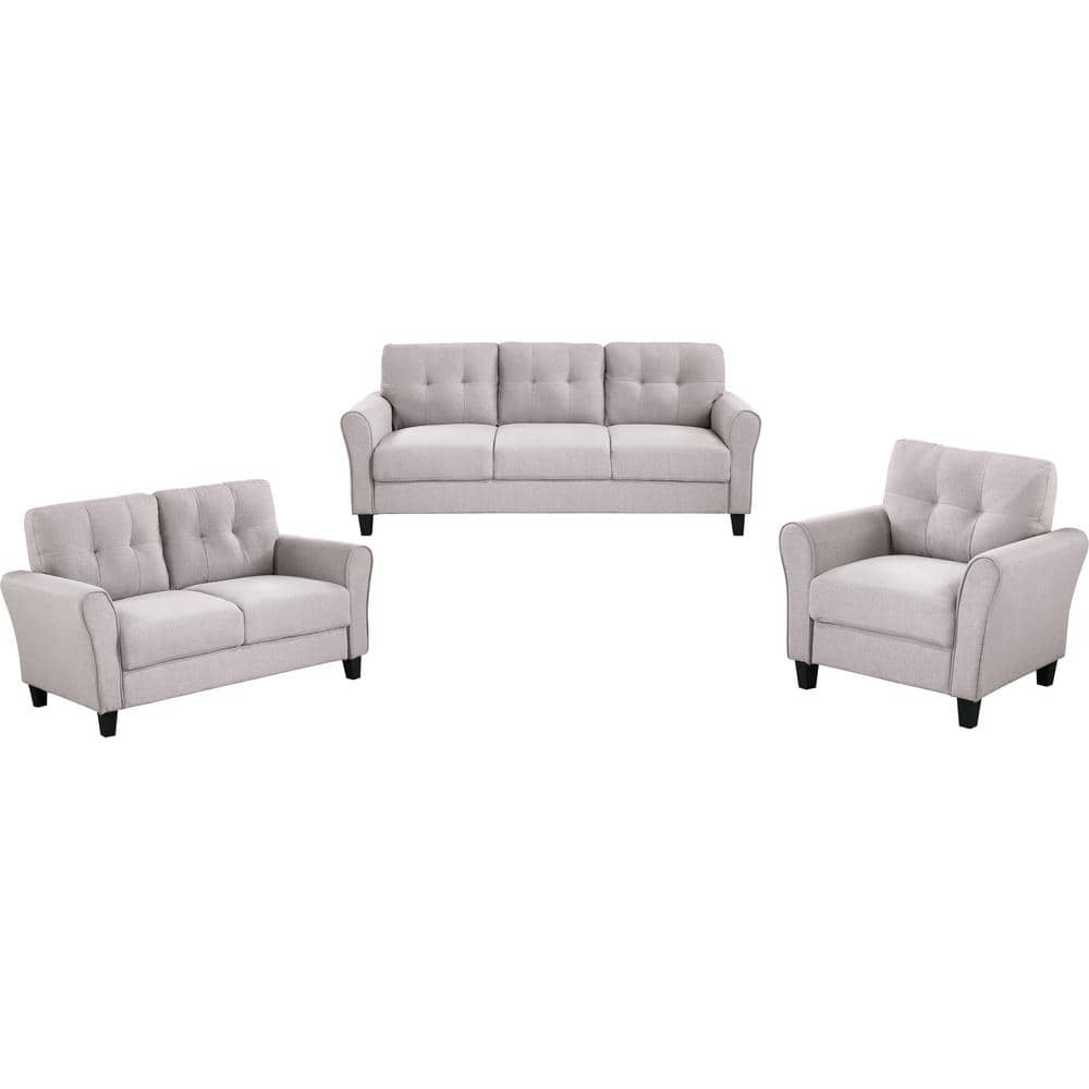 3-Piece Wood Top Gray Sofa Living Room Sets Linen Upholstered Couch Furnitu